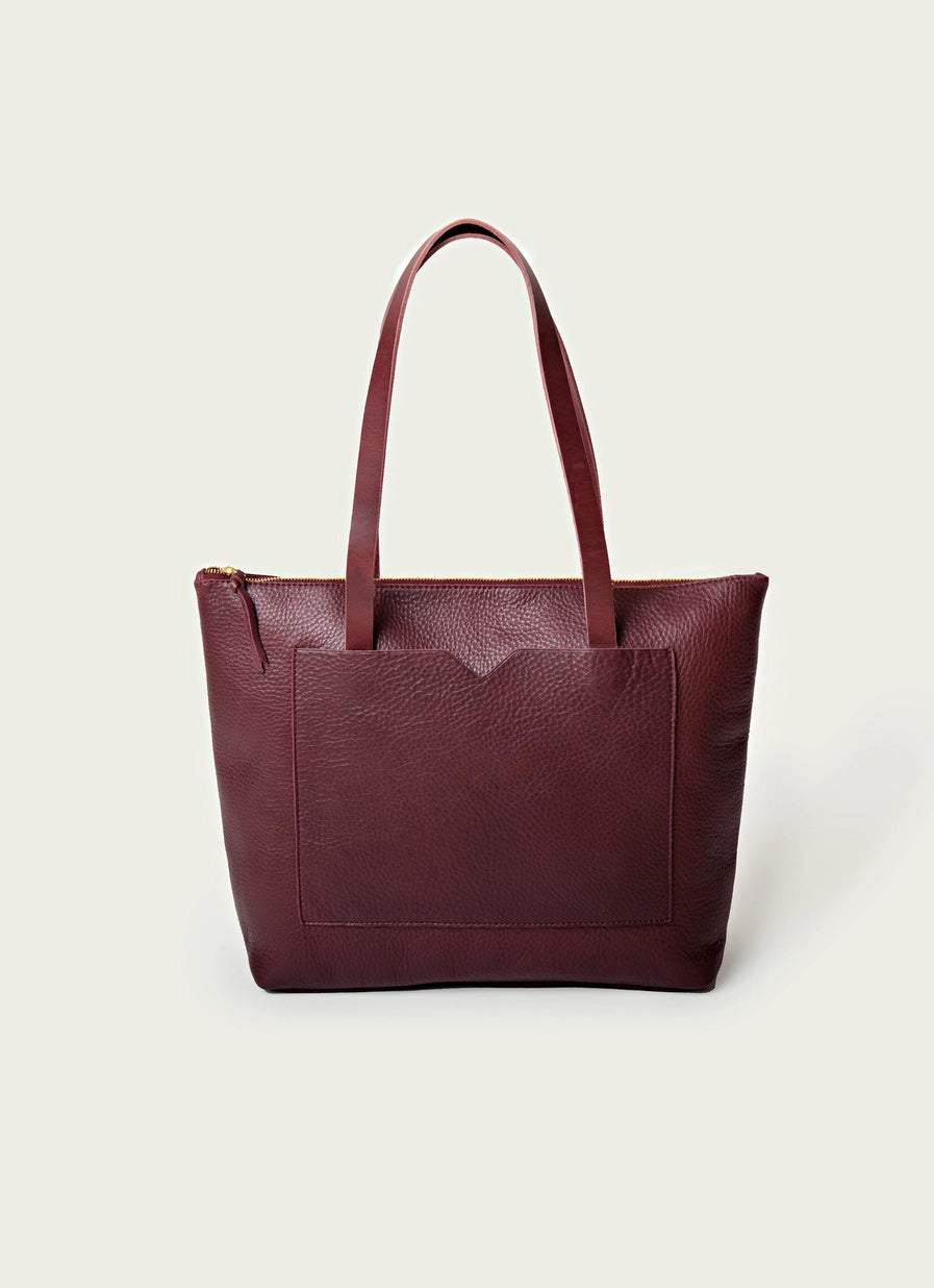 Leather Wide Tote Bag with Zipper
