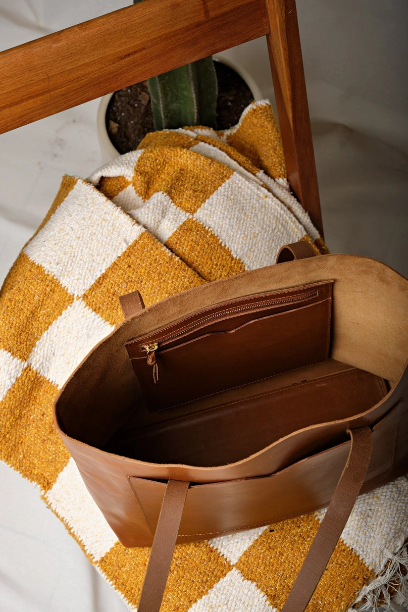 Leather Raw Edge Wide Tote Bag