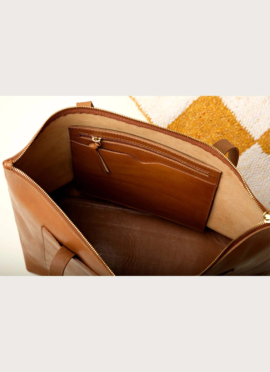 Leather Wide Tote Bag with Zipper