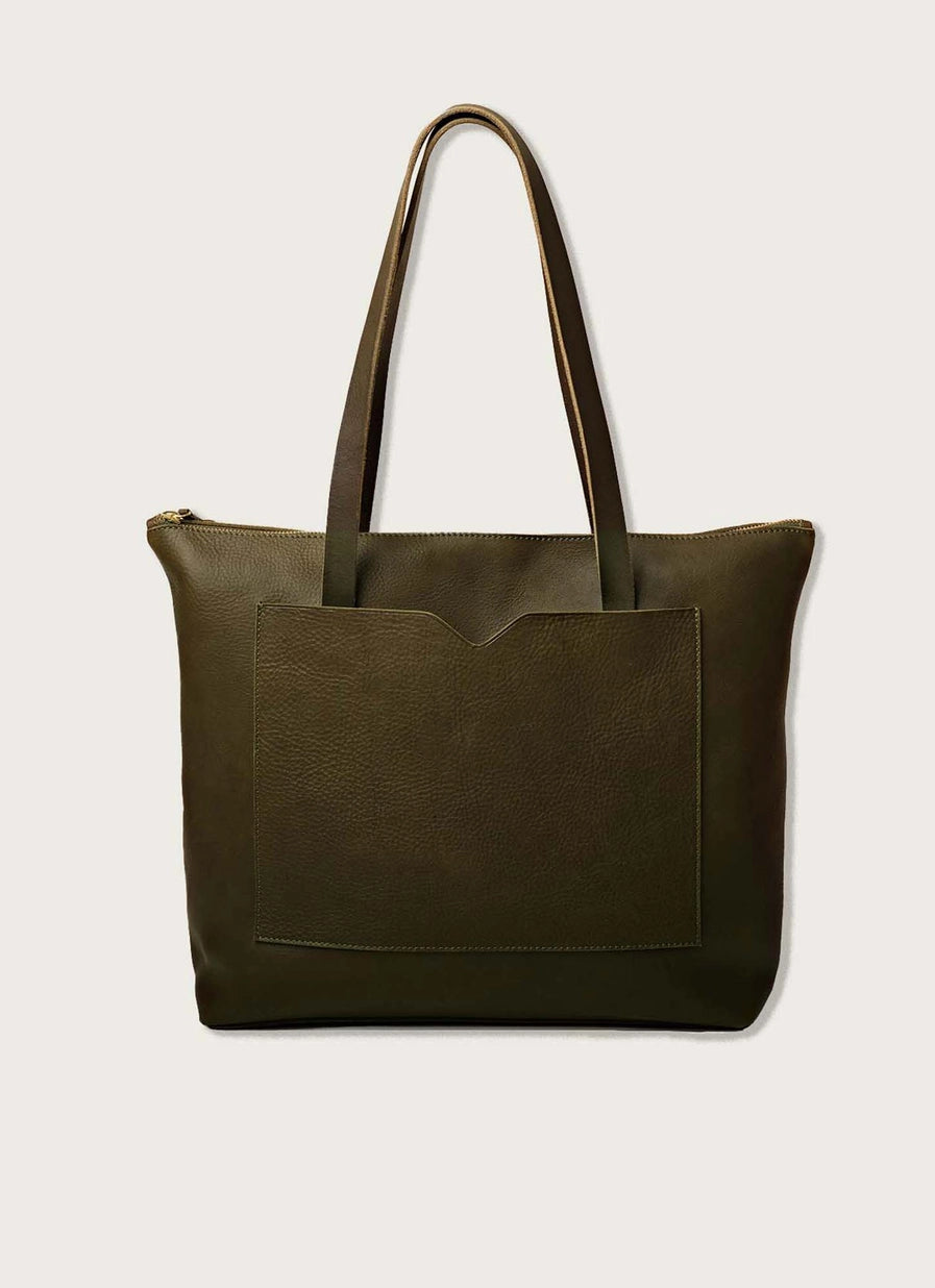 Leather Wide Tote Bag with Zipper
