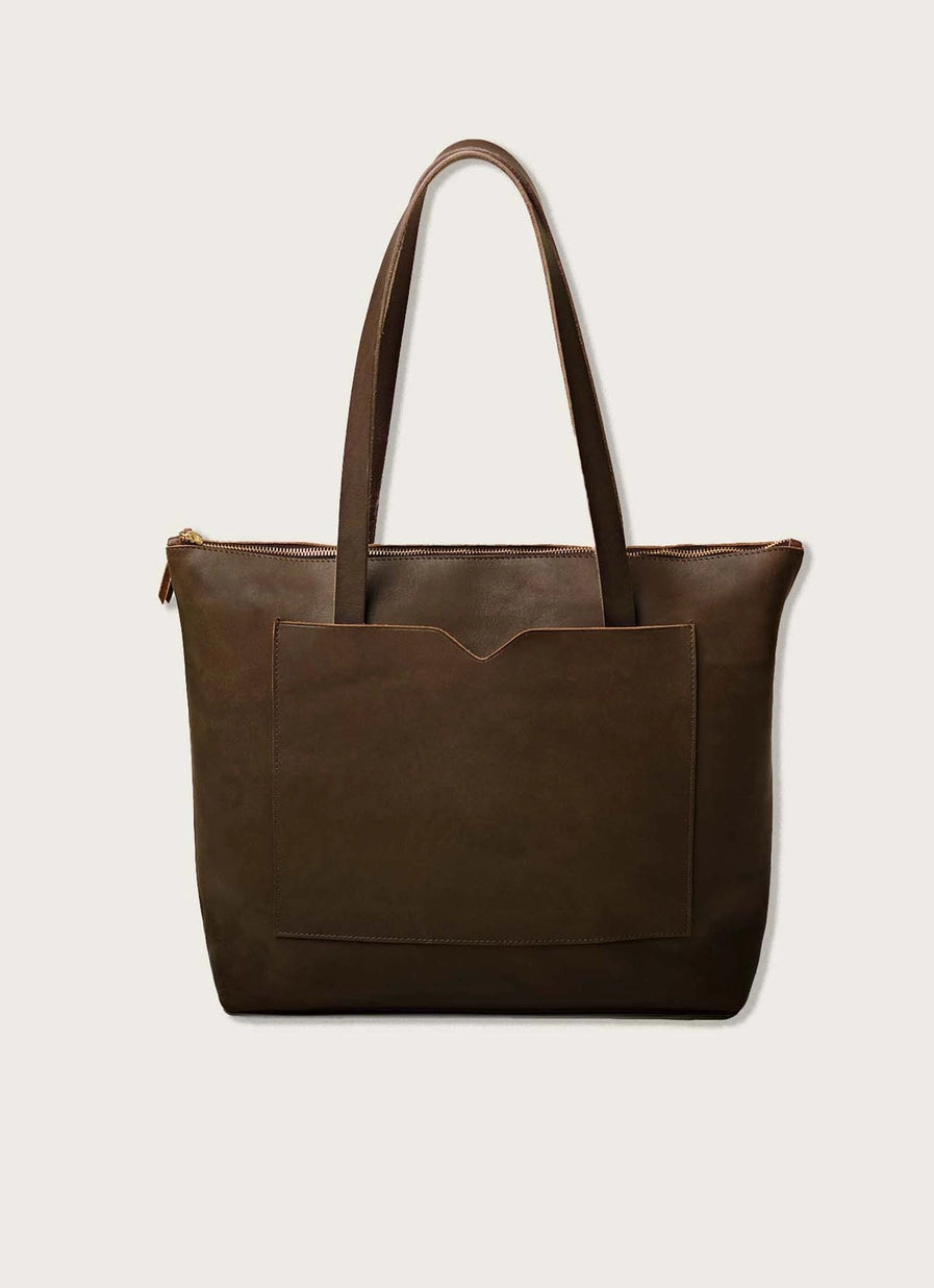 Leather Wide Tote Bag with Zipper