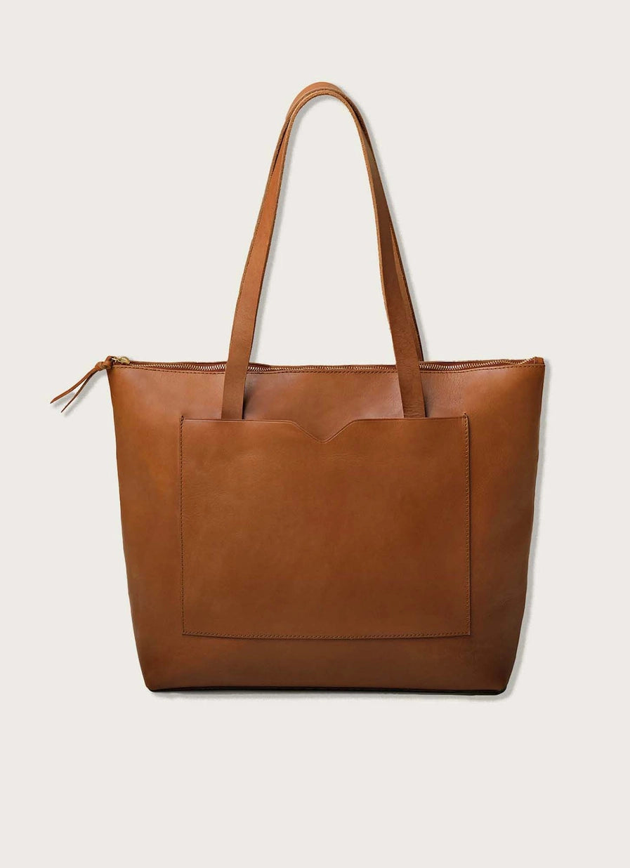 Leather Wide Tote Bag with Zipper
